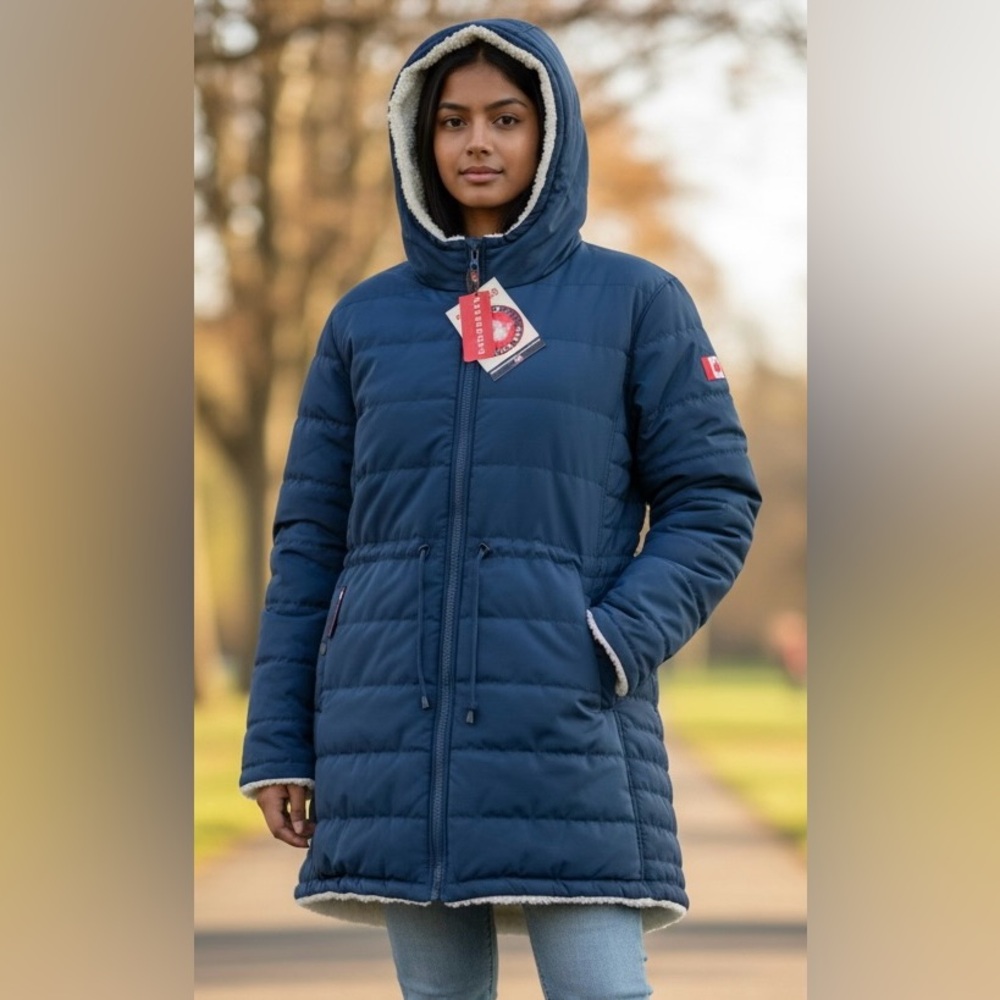 Canada Weathergear Womens Puffer Anorak Coat Parka 3X Reversible Navy White NWT